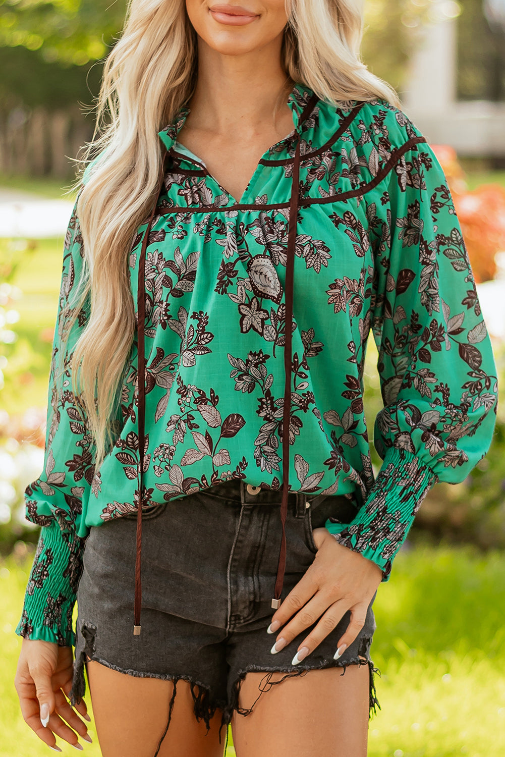 Elouise Shirred Puff Sleeve Blouse-Threaded Pear