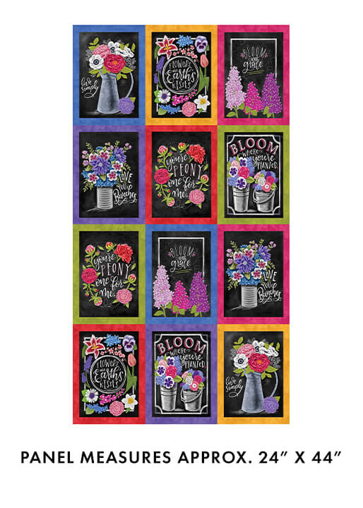 Grid of floral and chalkboard-style designs with text, panel measures approximately 24" x 44".