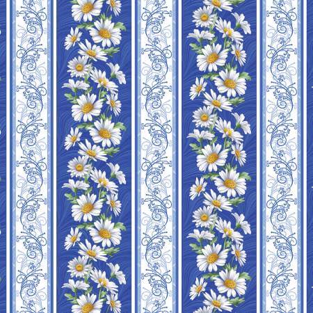 Decorative fabric pattern with daisies and floral designs on a blue background