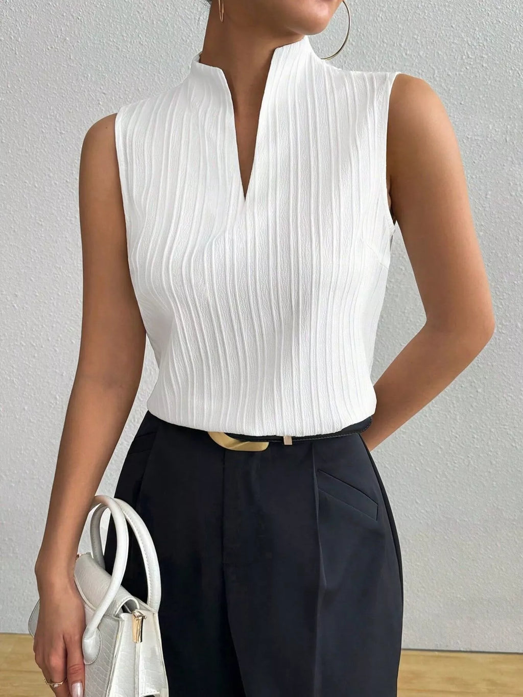 Texture Notched Sleeveless Top