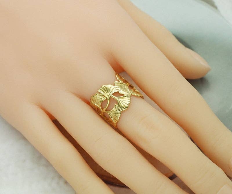 CZ Gold Ginkgo Leaf Adjustable Ring, Sku#Y757