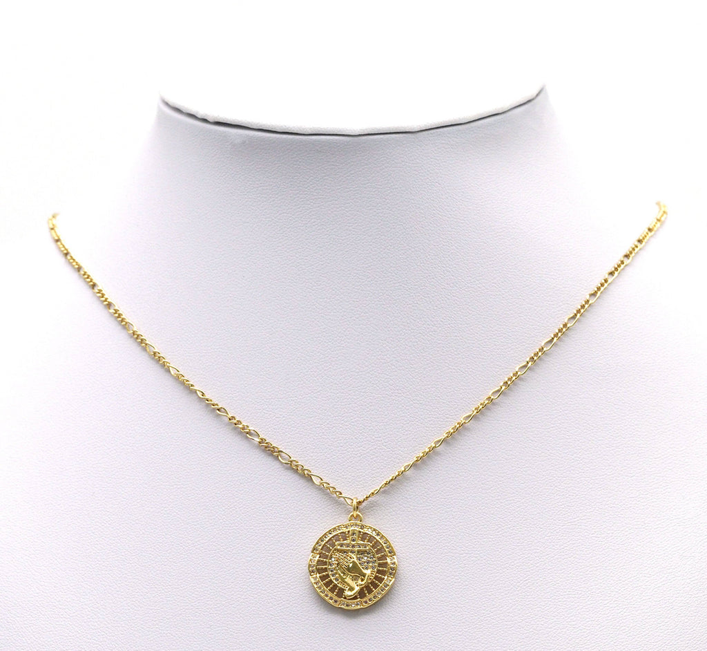 Gold CZ Prayer Hands Cross Coin Charm, Sku#LX96