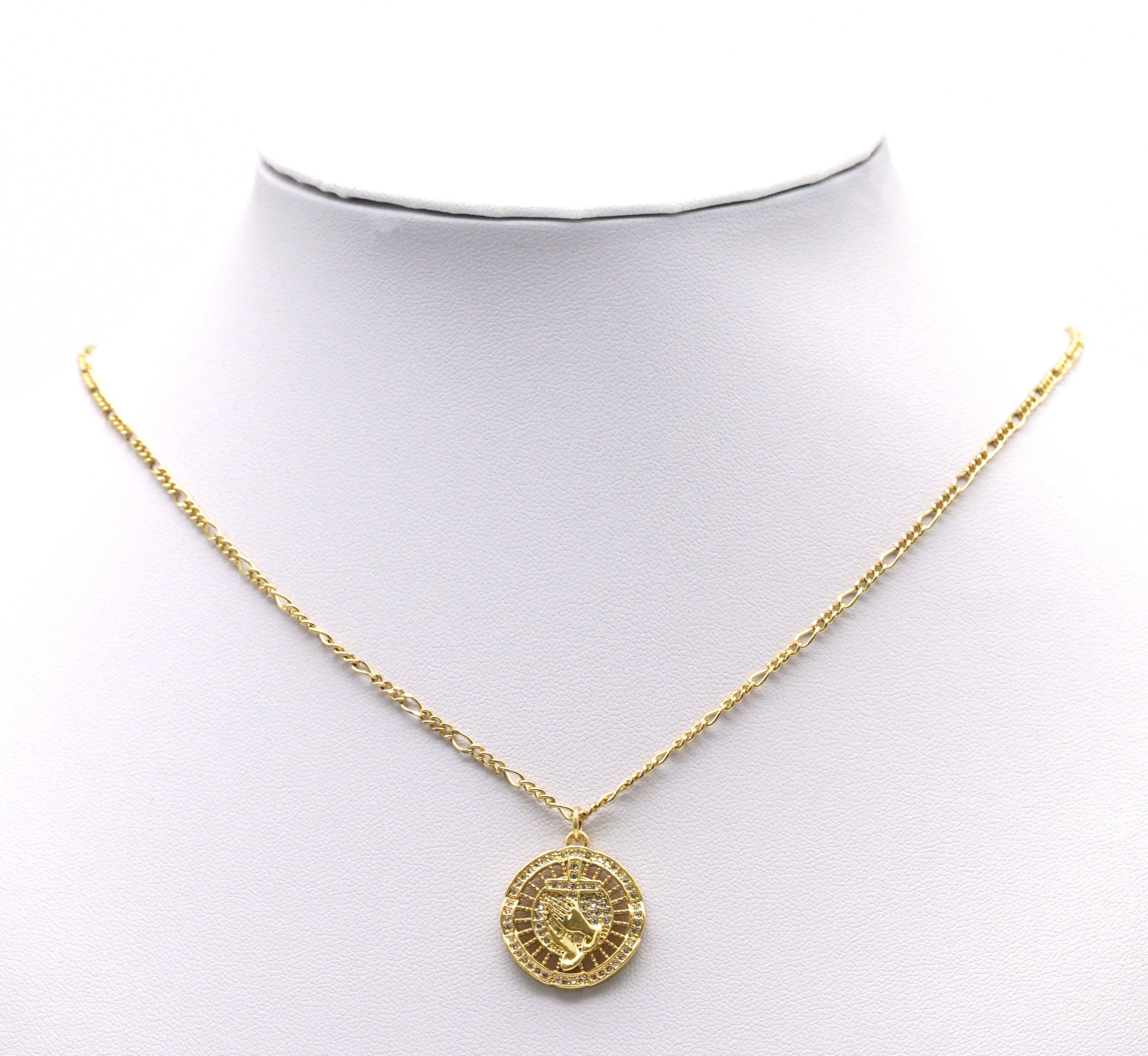Gold CZ Prayer Hands Cross Coin Charm, Sku#LX96