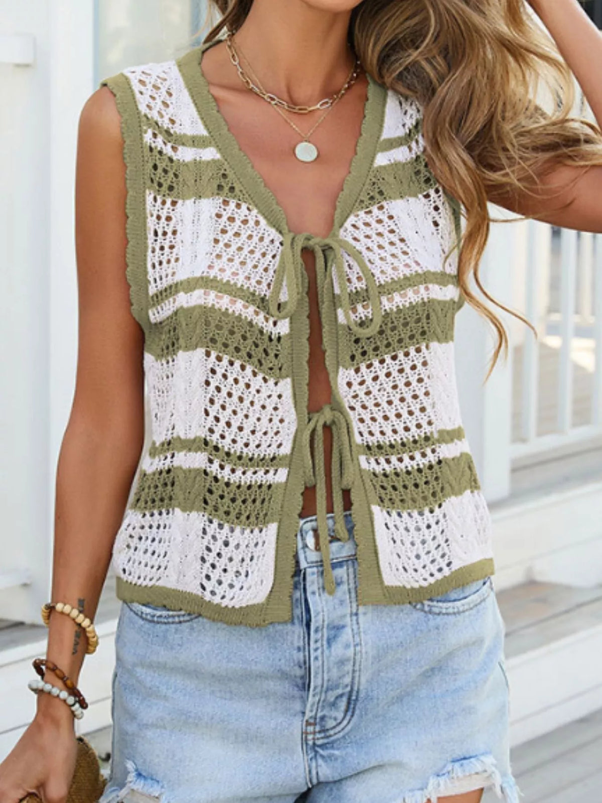 Striped Crochet Tie-Front Cardigan