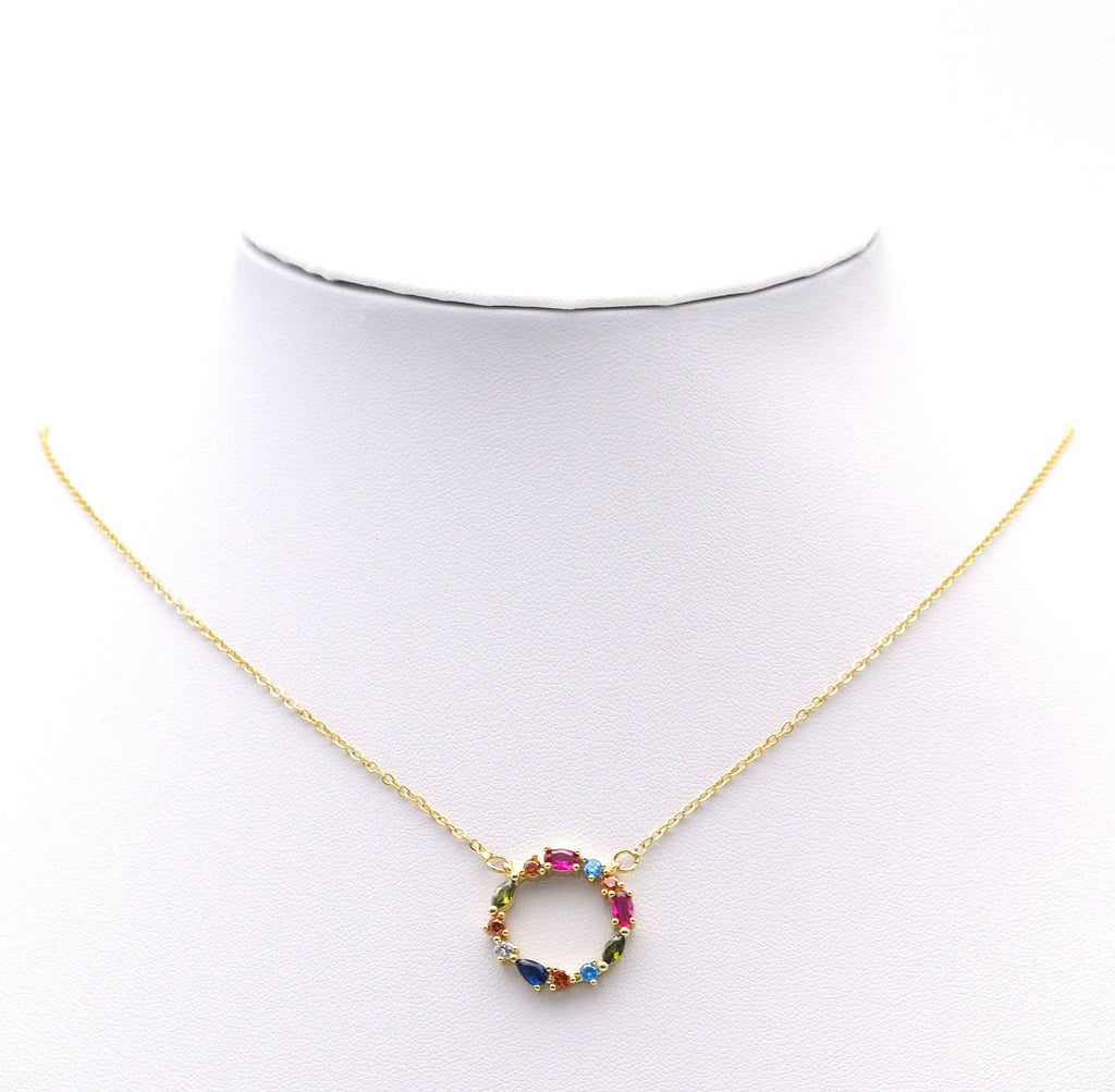 Rainbow CZ Round Ring Charm Necklace, Sku#F1515