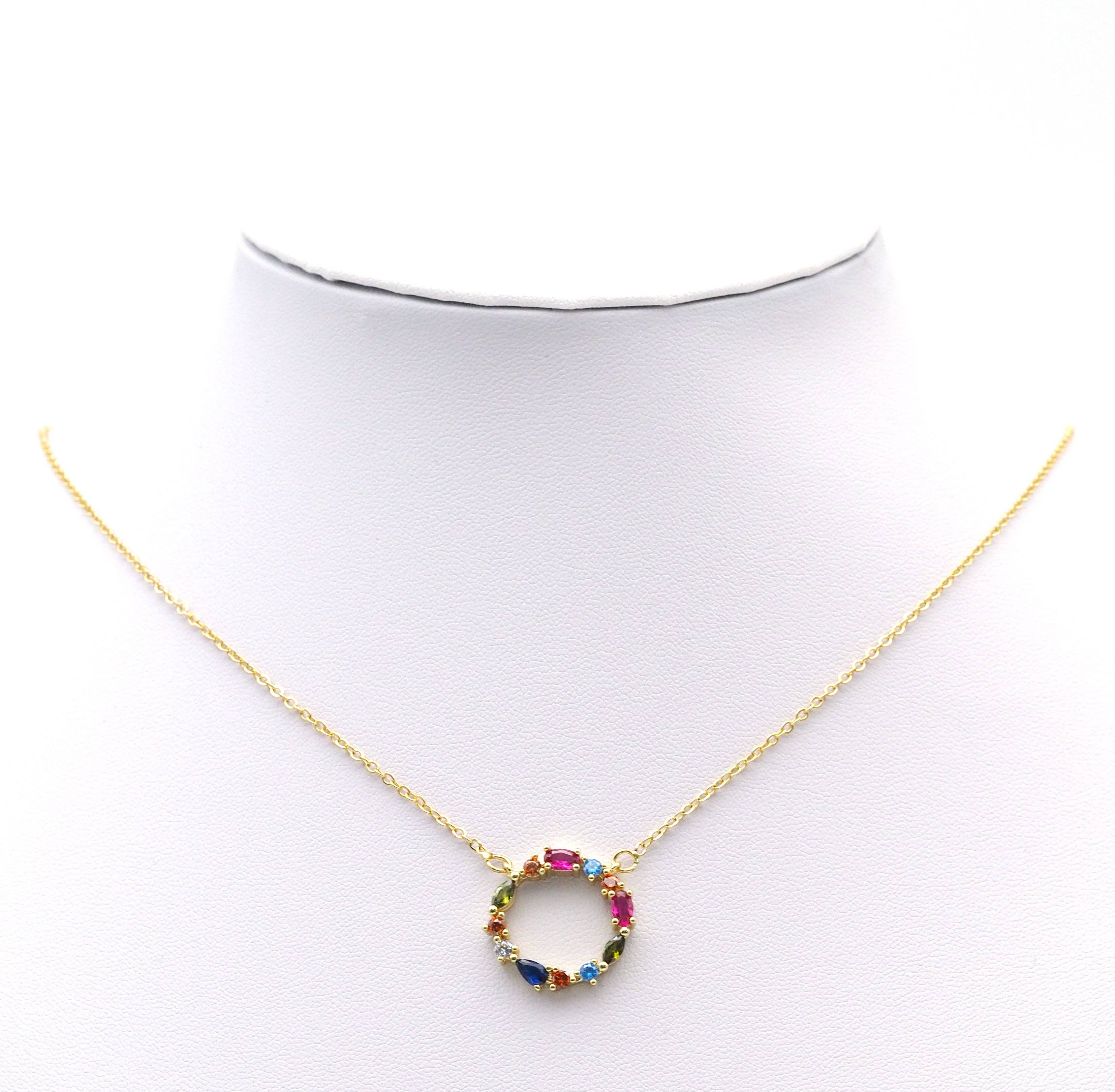 Rainbow CZ Round Ring Charm Necklace, Sku#F1515