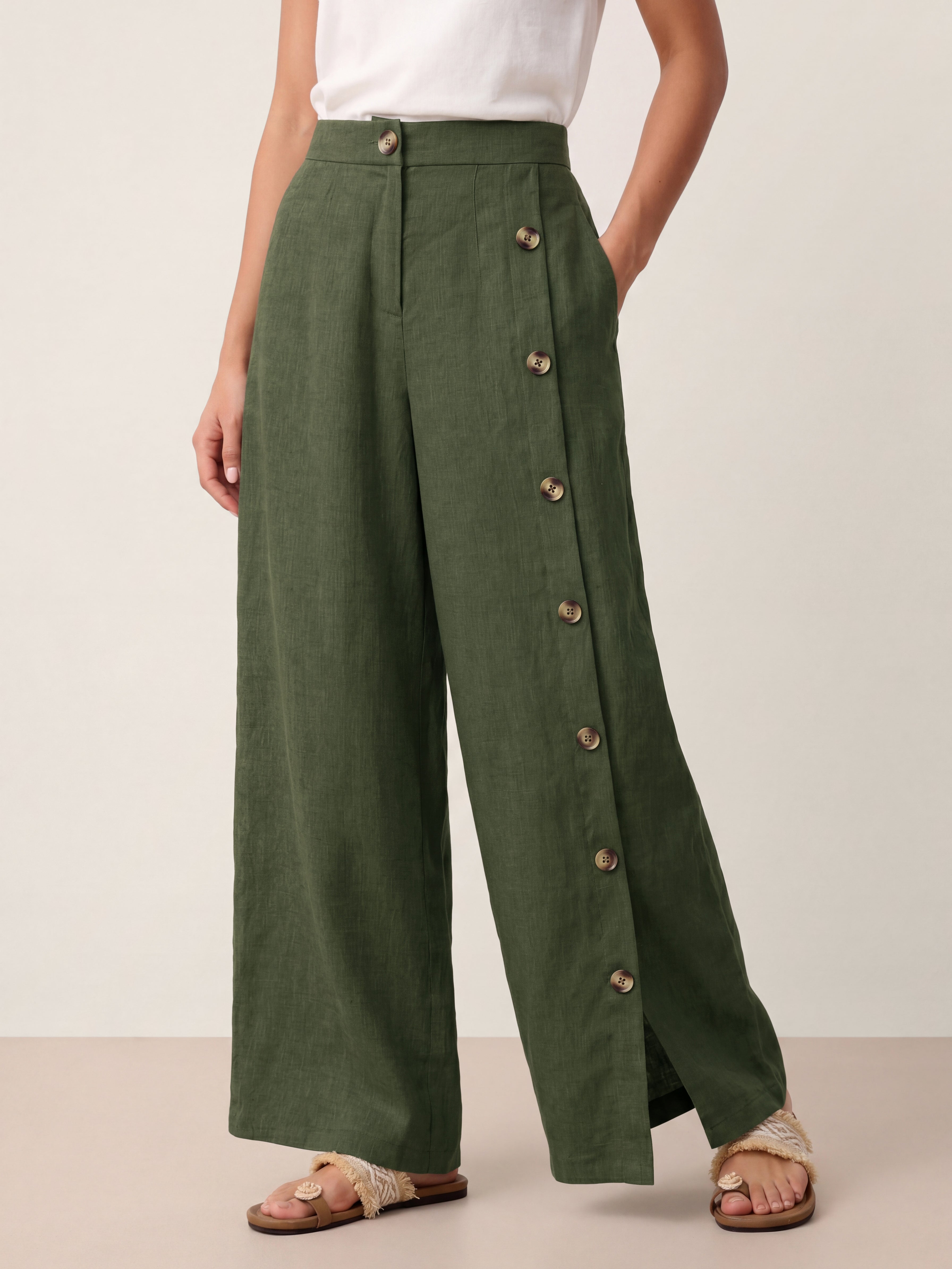100% Linen Buttoned Slit-Hem Pants KATYA-LINTICO