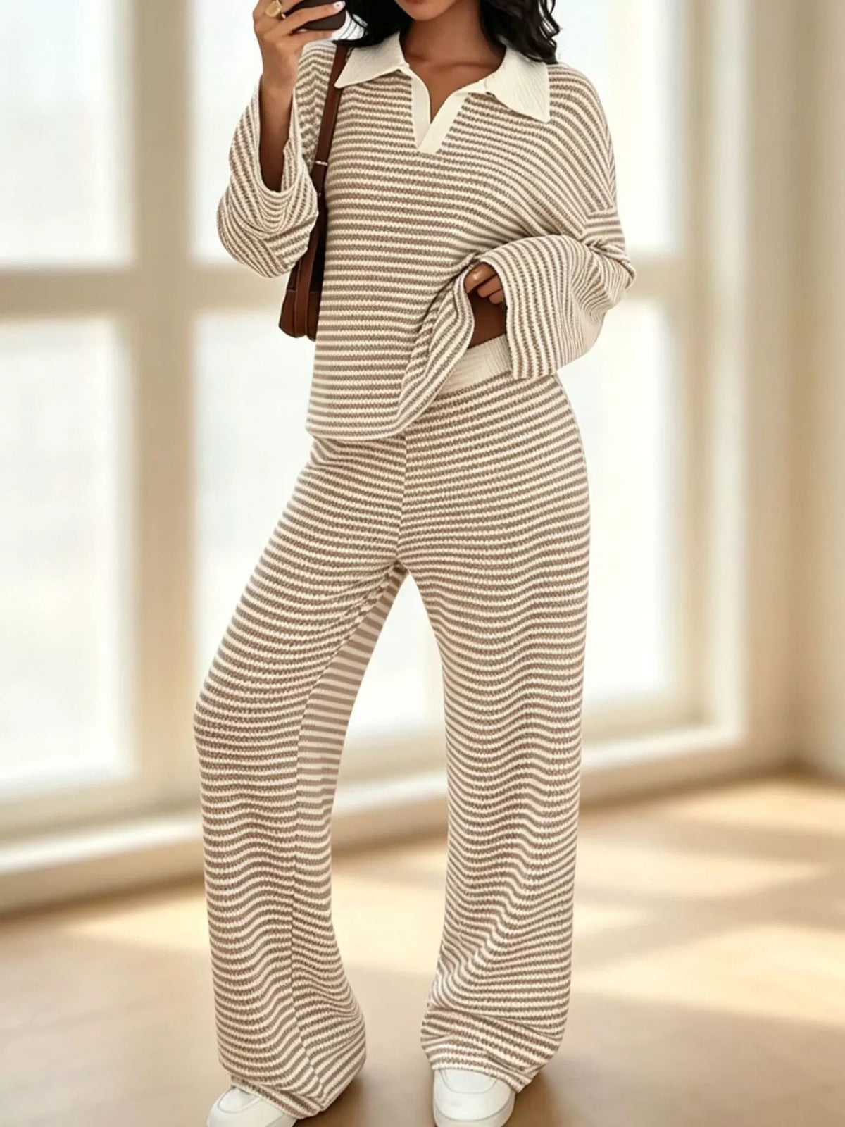 Striped Long Sleeve Polo and Wide-Leg Pants Set