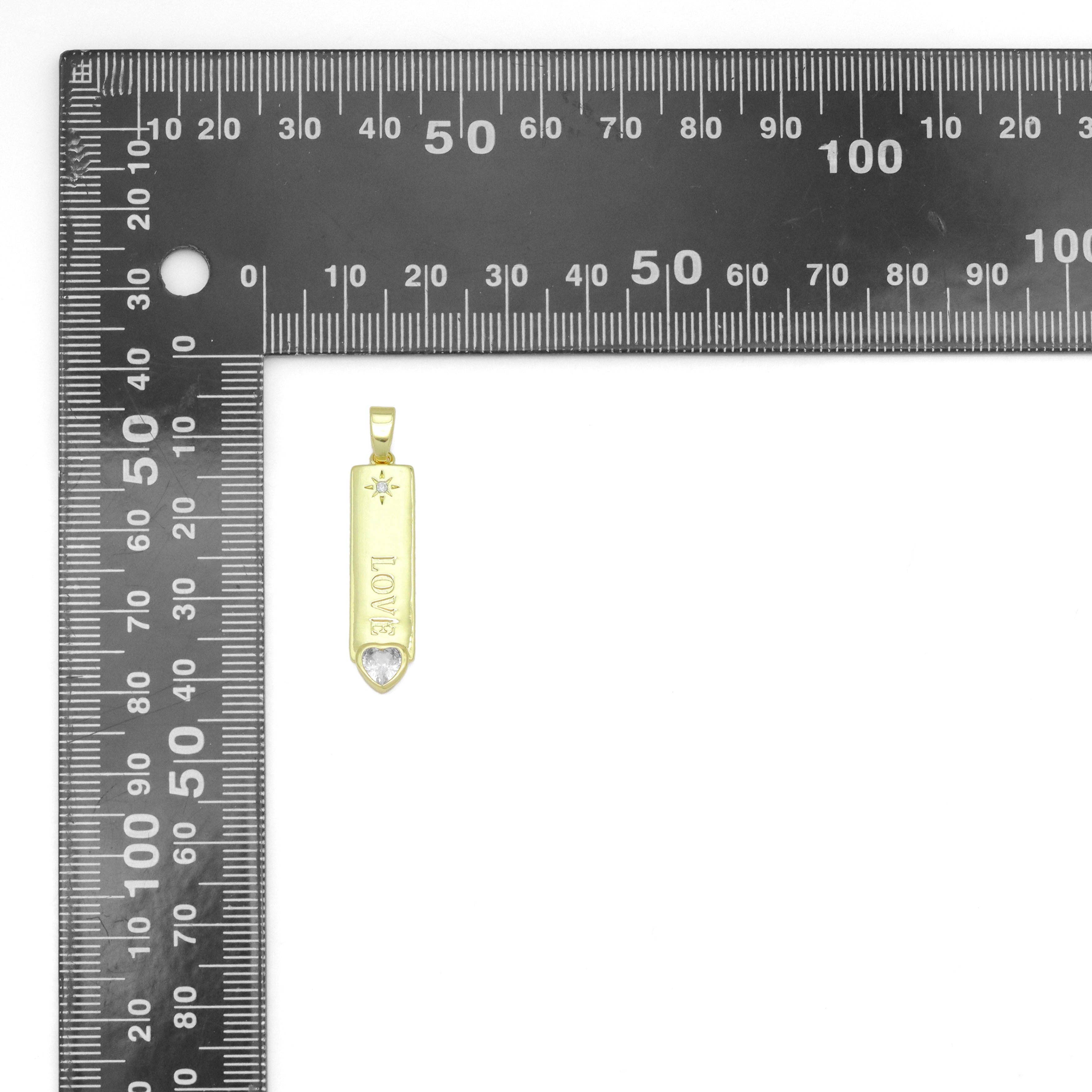 Clear CZ Gold Love Long Bar With Heart Charm Pendant, Sku#LX762