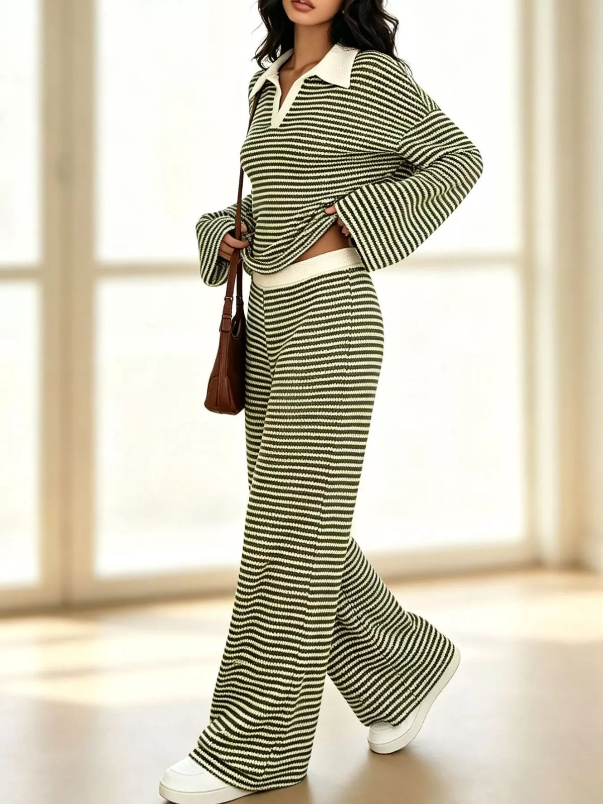 Striped Long Sleeve Polo and Wide-Leg Pants Set
