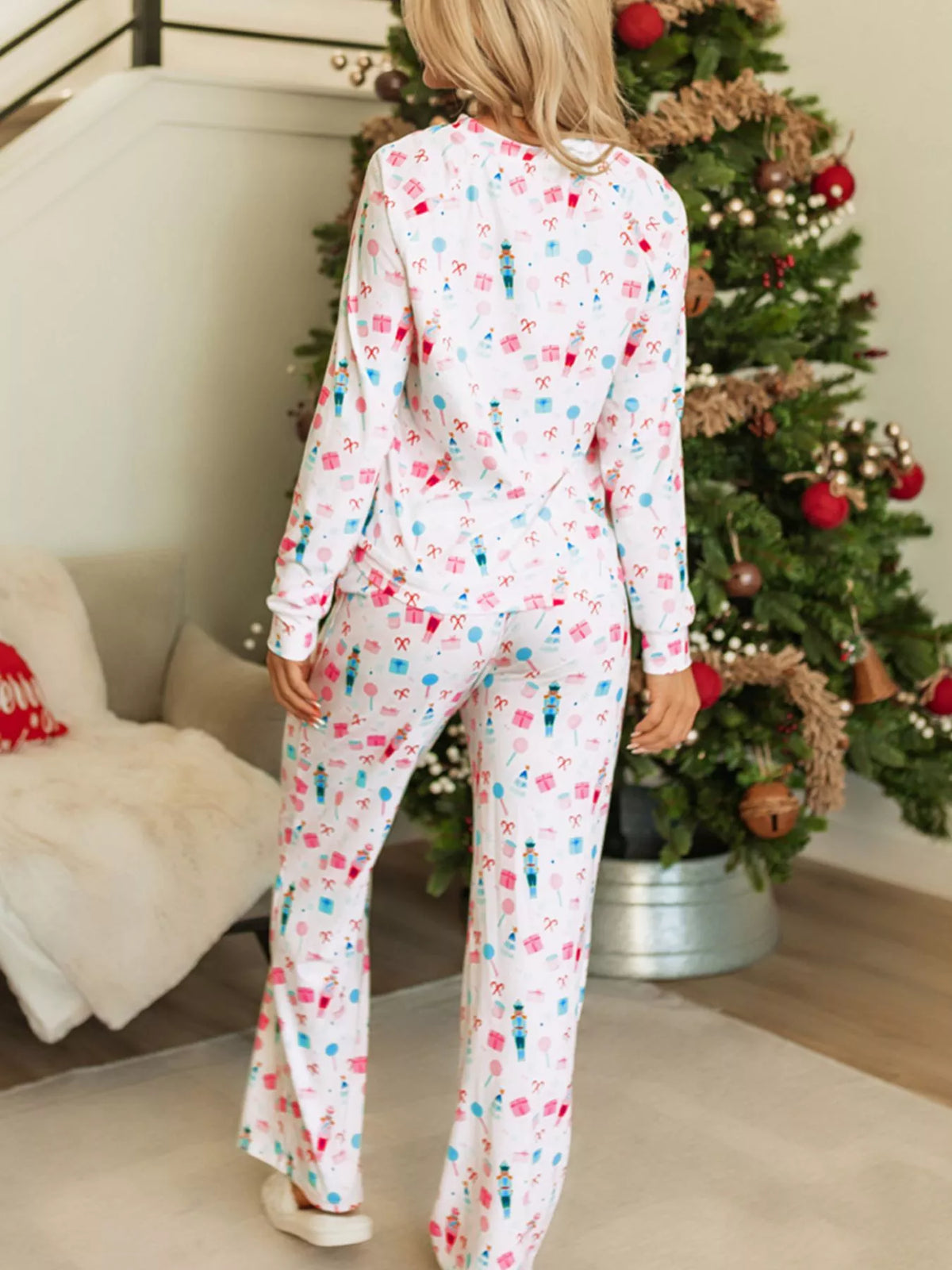 Christmas Pattern Long Sleeve Top and Wide Leg Pants Set
