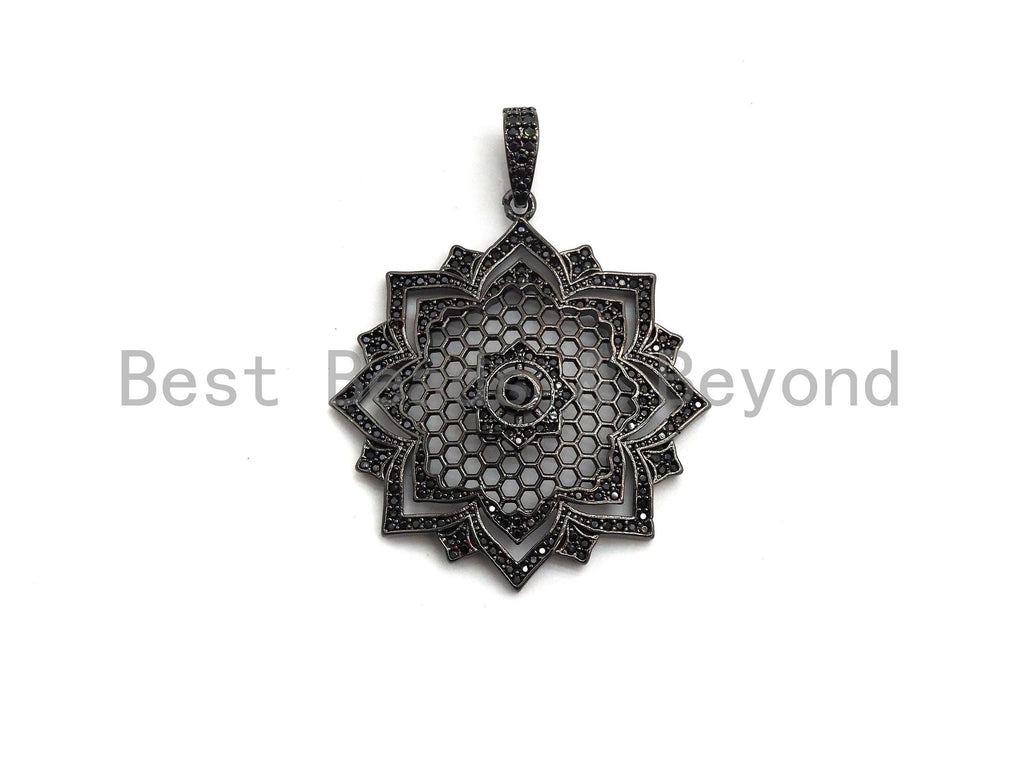 Large CZ Micro Pave Dual Color flower Star Burst Pendant, Cubic Zirconia Rose Gold/Silver/Black Focal Pendant, 36x39mm,sku#F634