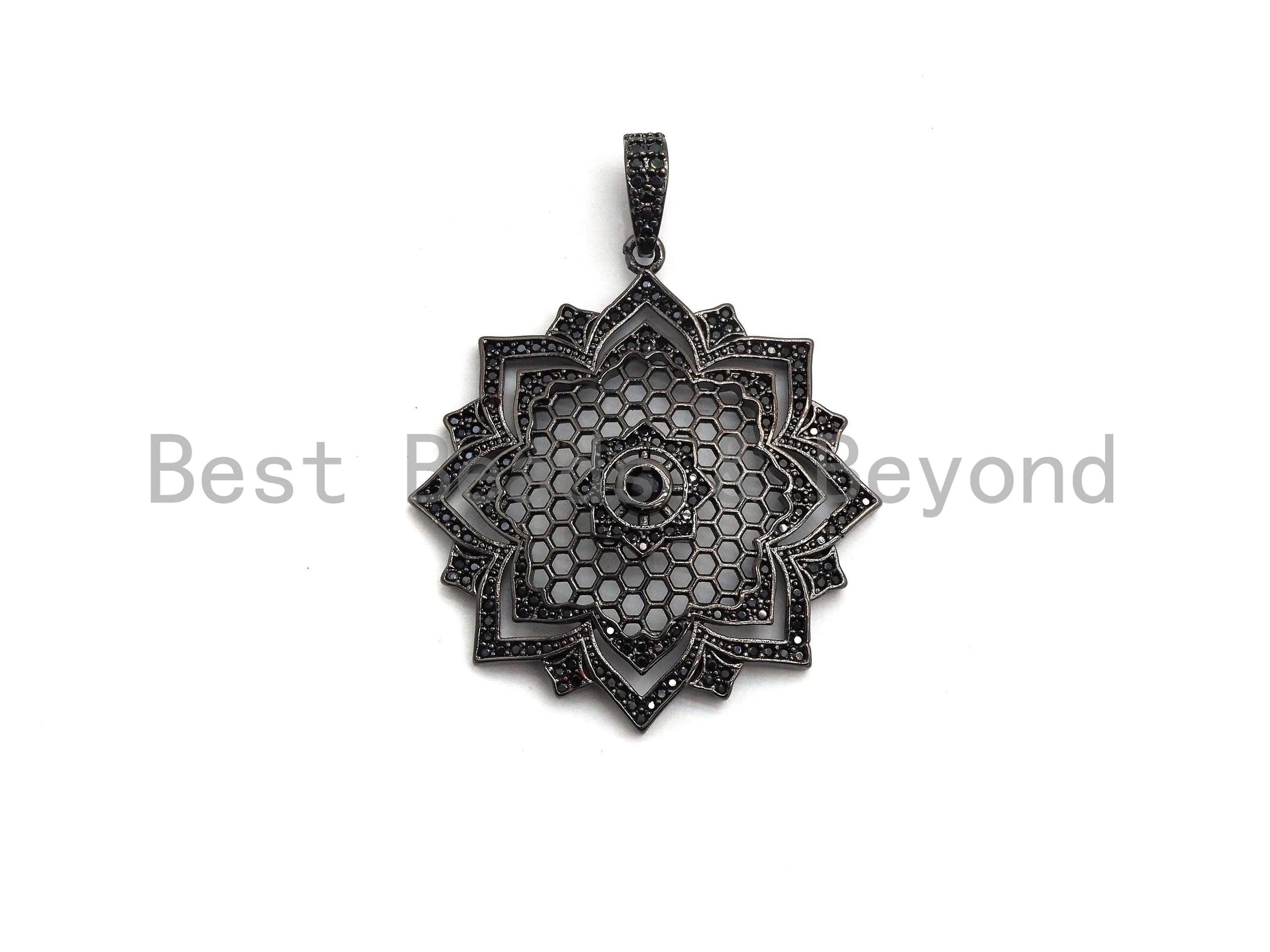 Large CZ Micro Pave Dual Color flower Star Burst Pendant, Cubic Zirconia Rose Gold/Silver/Black Focal Pendant, 36x39mm,sku#F634