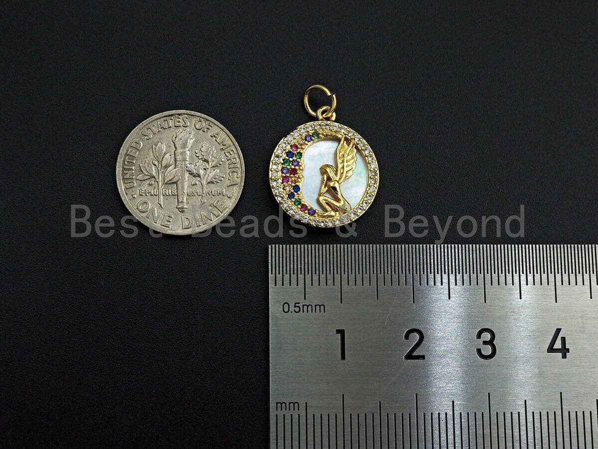 Mother-of-pearl Inlay Angel Colorful CZ Round Pendant/Charm, Angel Colorful Moon Cubic Zirconia Pendant,15mm,Sku#Z1099
