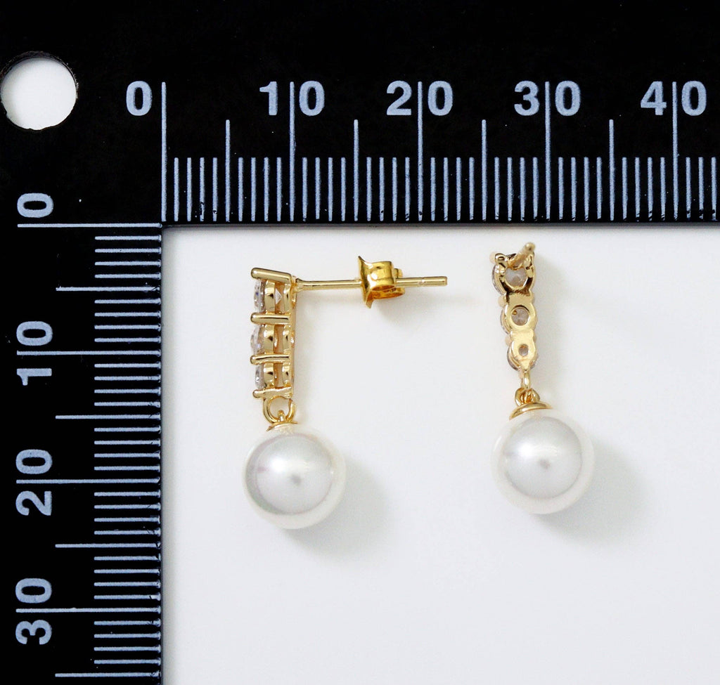 Gold CZ Pearl Dangle Earrings, Bridal Jewlery, Sku#ZX100