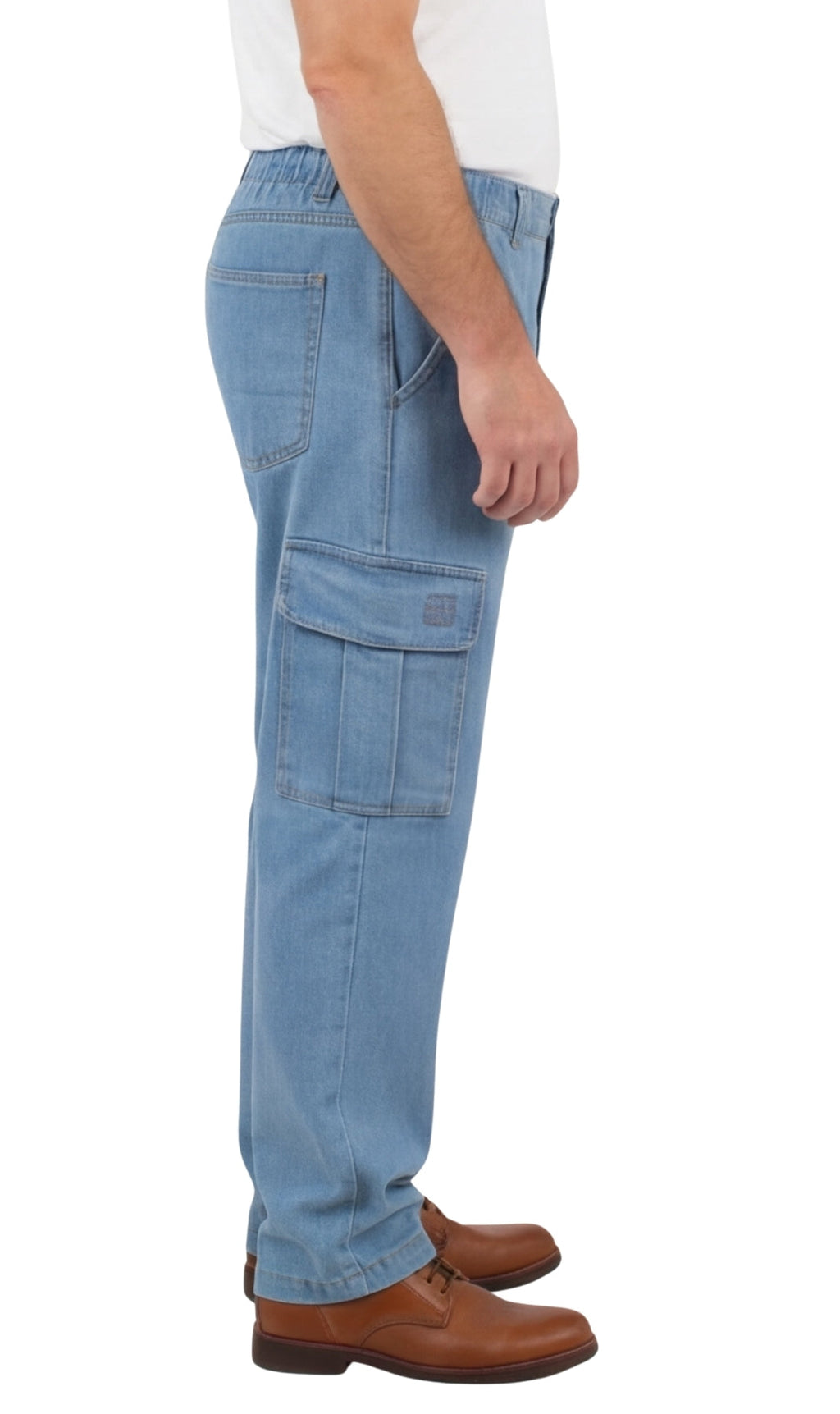Men's Lightweight Double Cargo Pocket Pull-On Jeans – Cotton Blend Cargo Pants with Elastic Waist