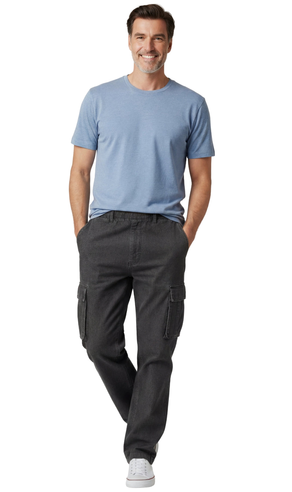 Men's Lightweight Double Cargo Pocket Pull-On Jeans – Cotton Blend Cargo Pants with Elastic Waist