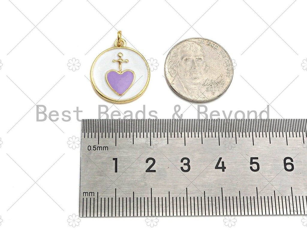 Enamel Colorful Cross Heart On Round Coin Shape Pendant, 18k Gold Enamel Charm, Enamel Jewelry, 21x18mm,Sku#Z1336