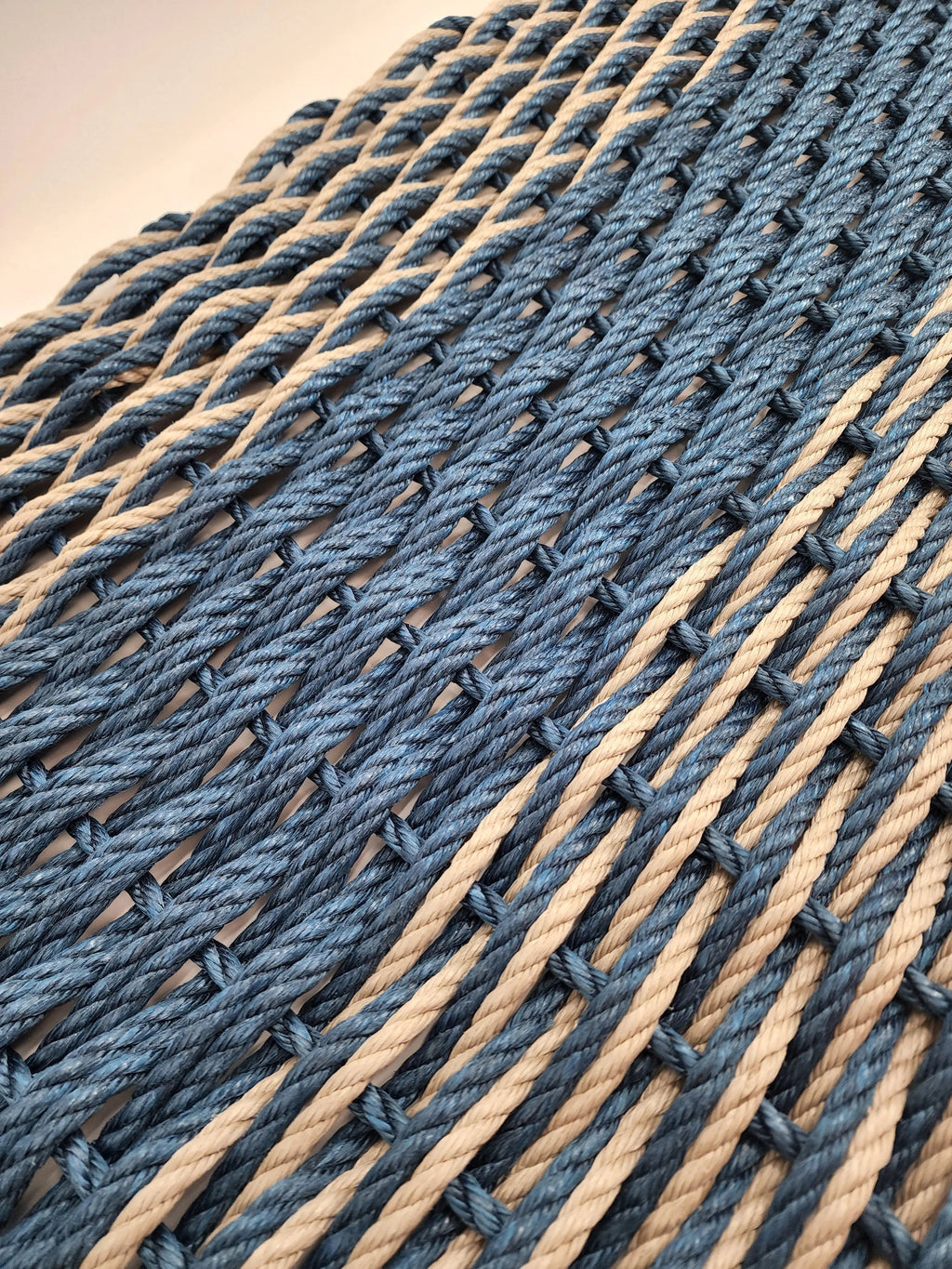 Large Navy Blue and Tan Lobster Rope Mat made with Lobster Rope, Double Weave, Vibrant, Long Lasting Durable