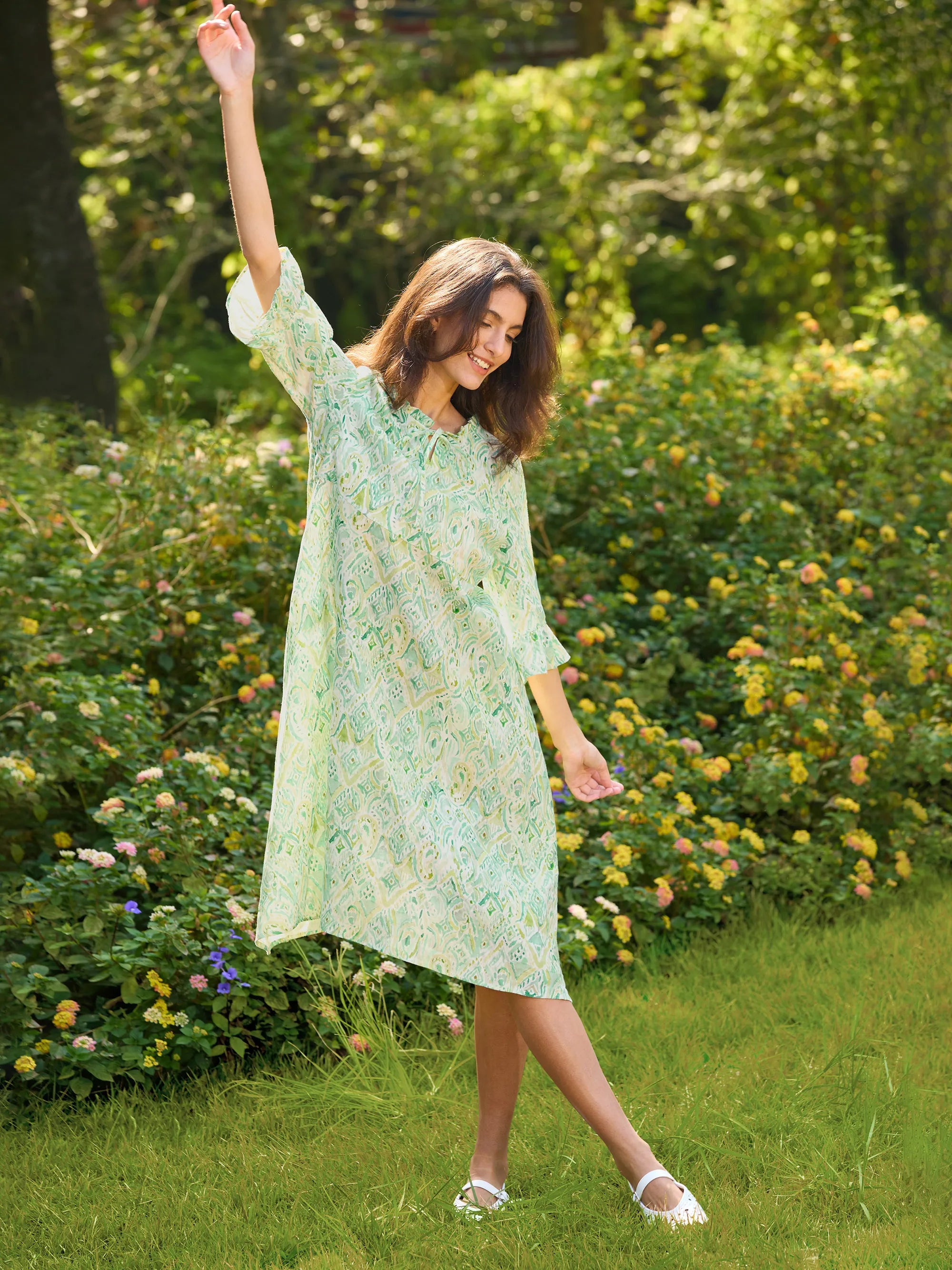 100% Linen A-Line Ruffled Collar Tie-Neck Midi Dress LIVIA