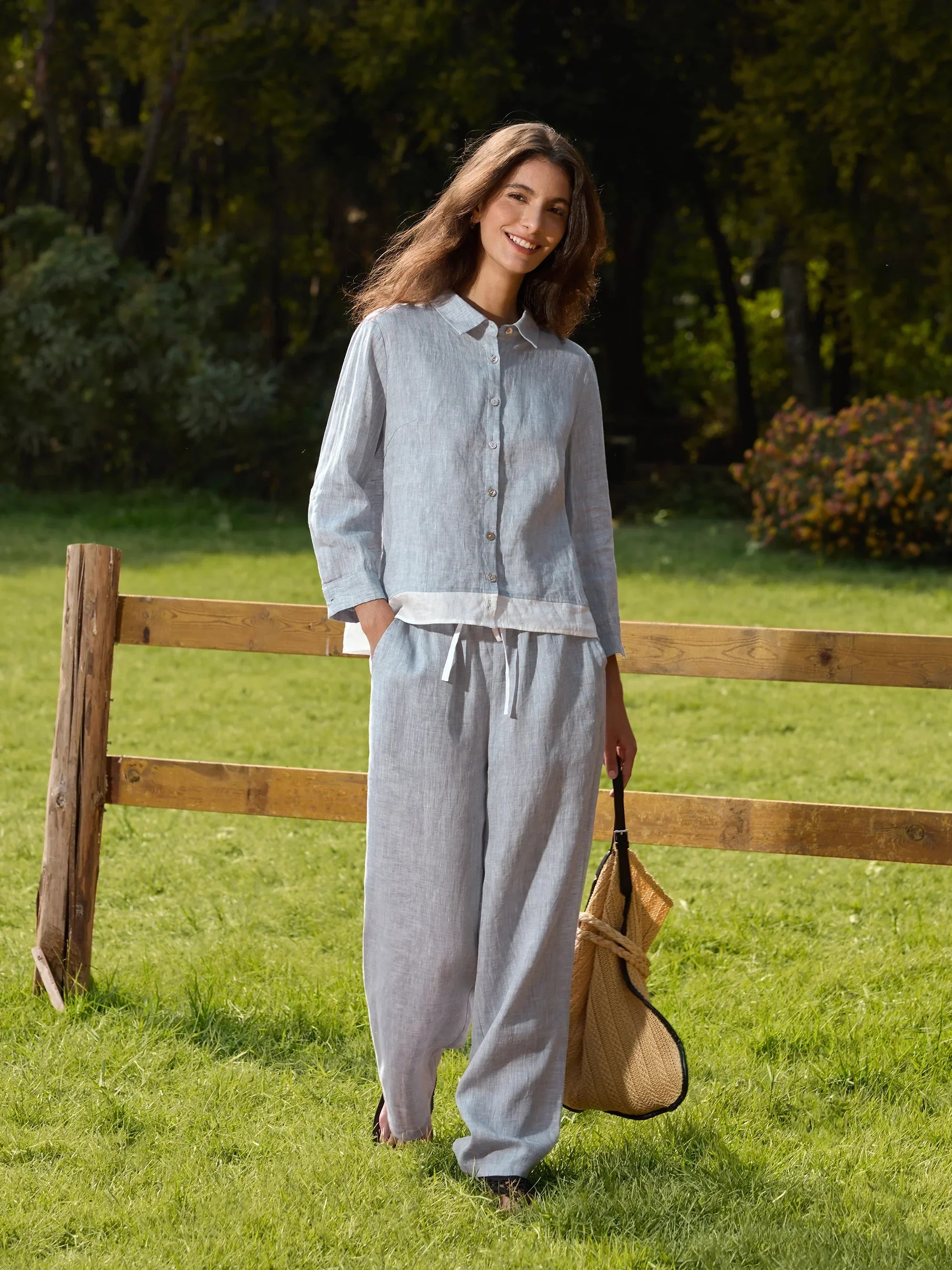 100% Linen Buttoned Closure Color-Blocked Shirt JANICE