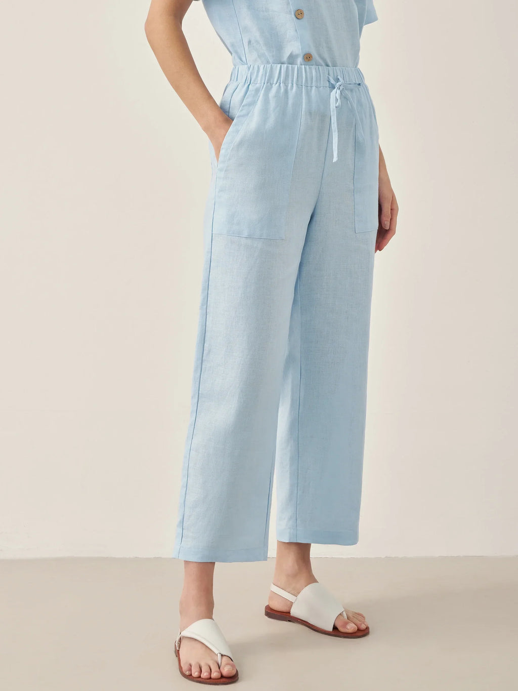 100% Linen Short-Sleeve Round Neck Button Detail Top & Pants Set JOSIE-LINTICO
