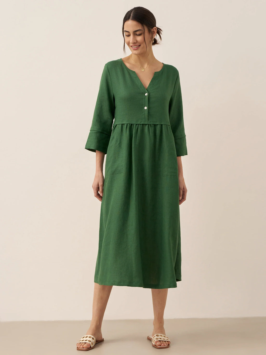 100% Linen Loose Fit Button Waist Gathered Midi Dress LUNA-LINTICO