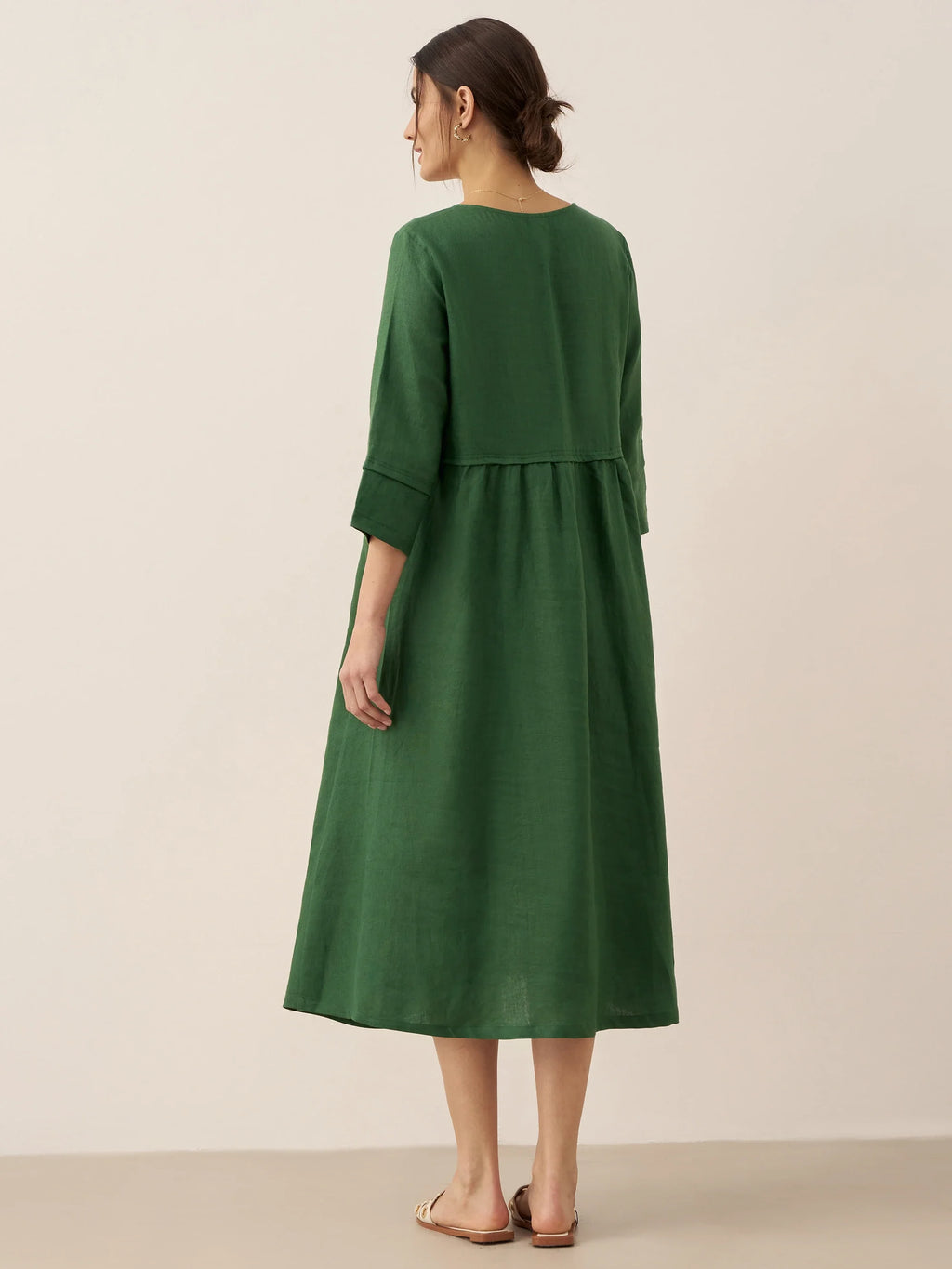 100% Linen Loose Fit Button Waist Gathered Midi Dress LUNA-LINTICO