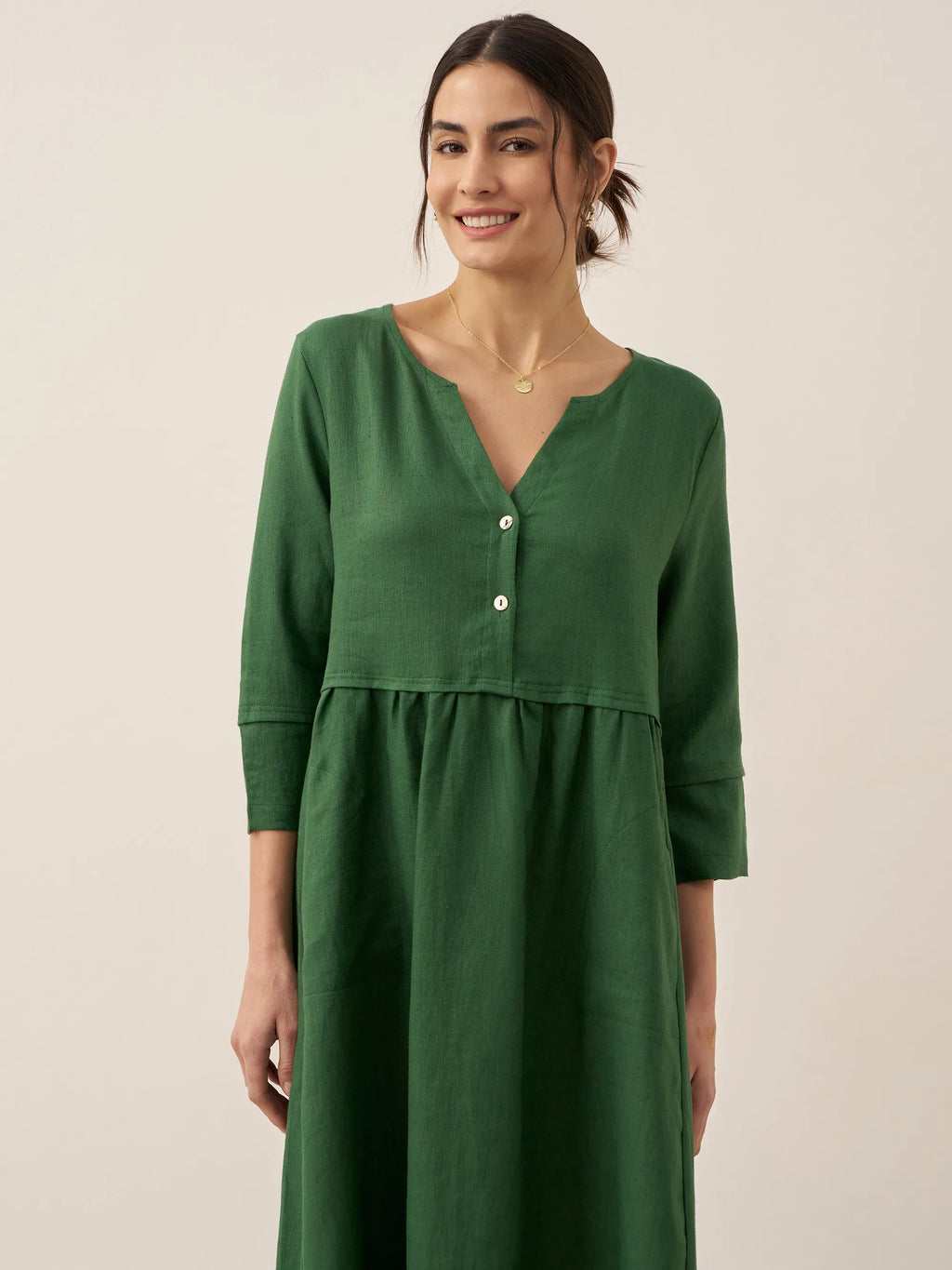 100% Linen Loose Fit Button Waist Gathered Midi Dress LUNA-LINTICO
