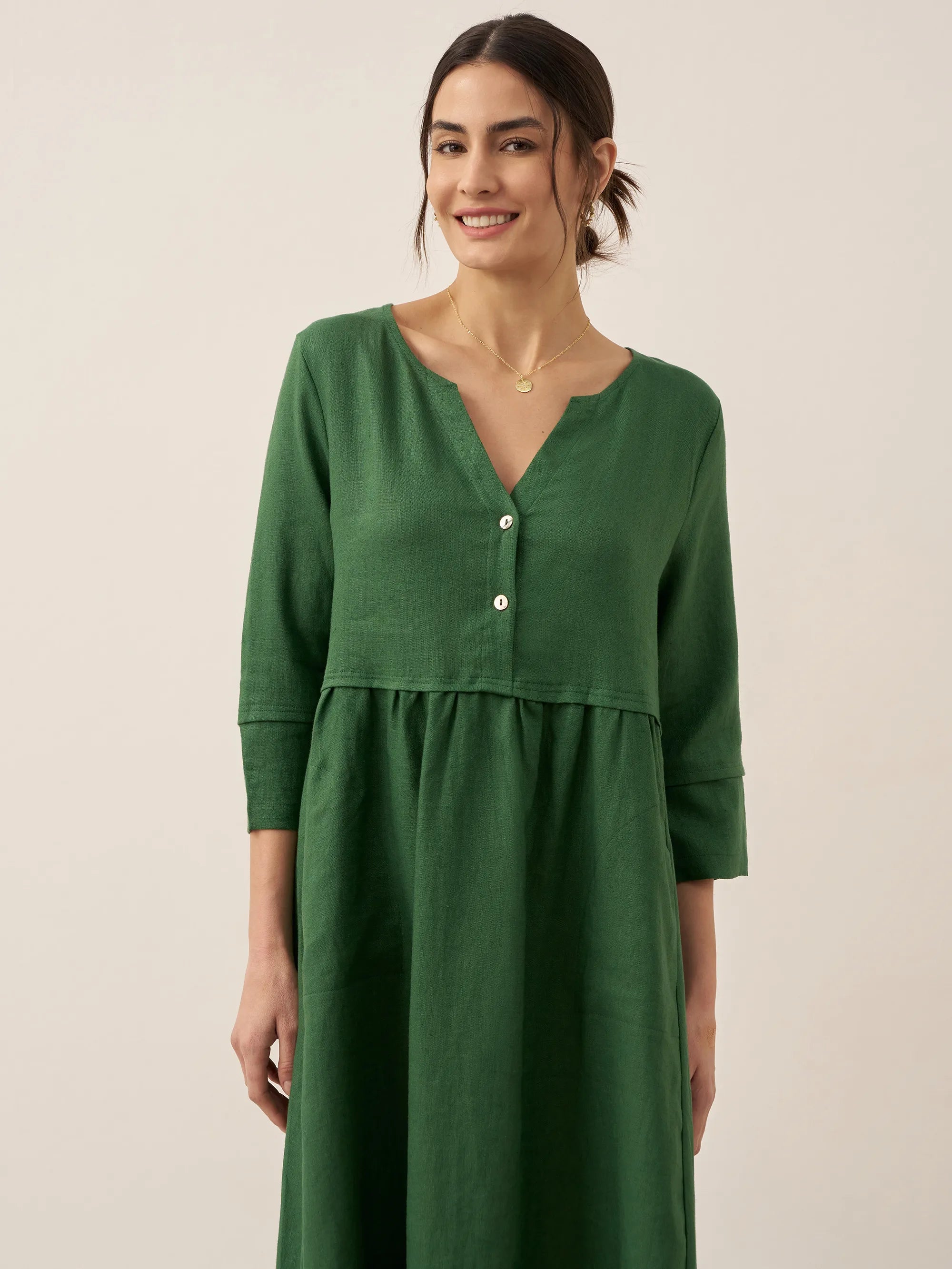 100% Linen Loose Fit Button Waist Gathered Midi Dress LUNA-LINTICO