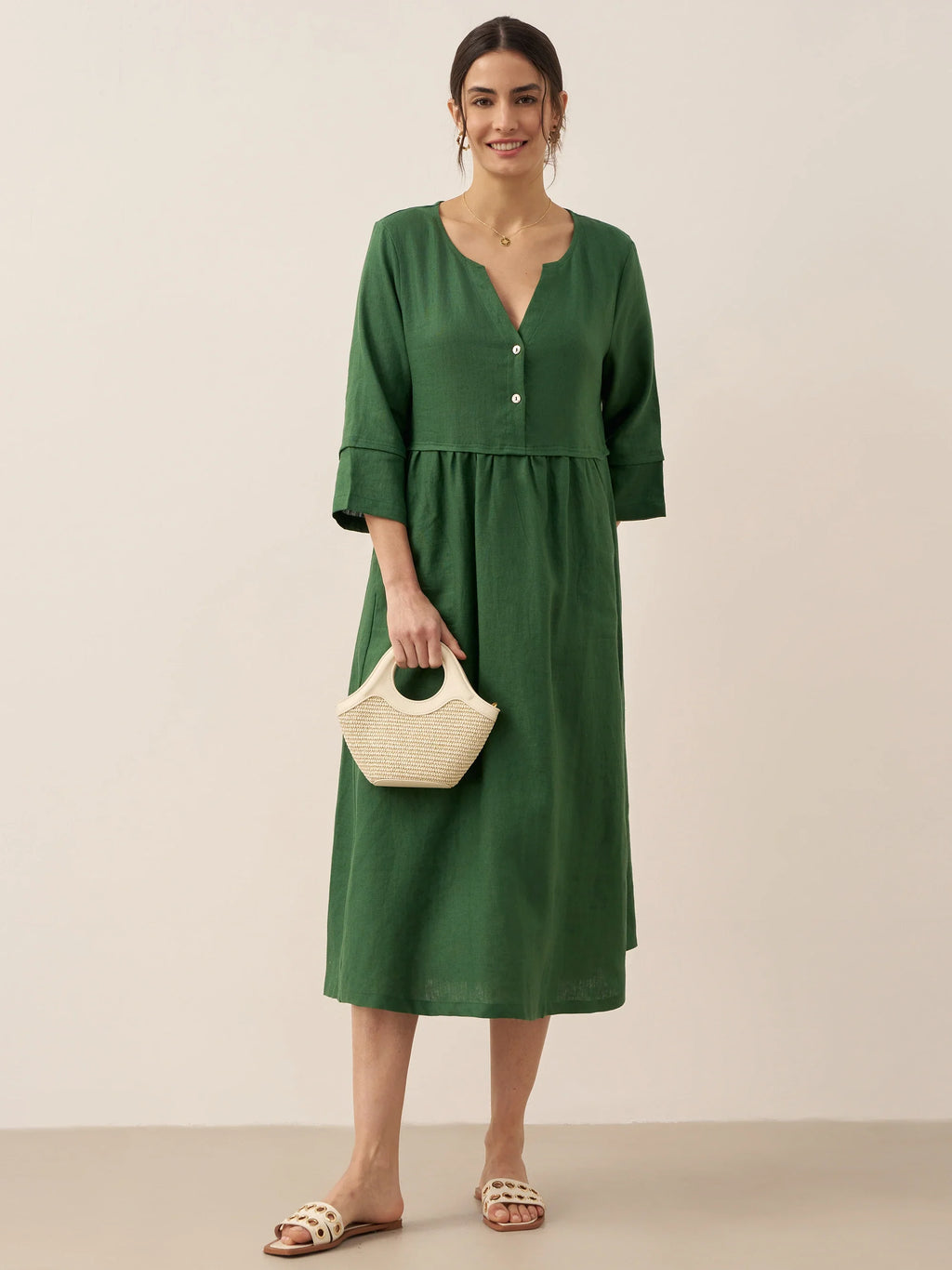 100% Linen Loose Fit Button Waist Gathered Midi Dress LUNA-LINTICO
