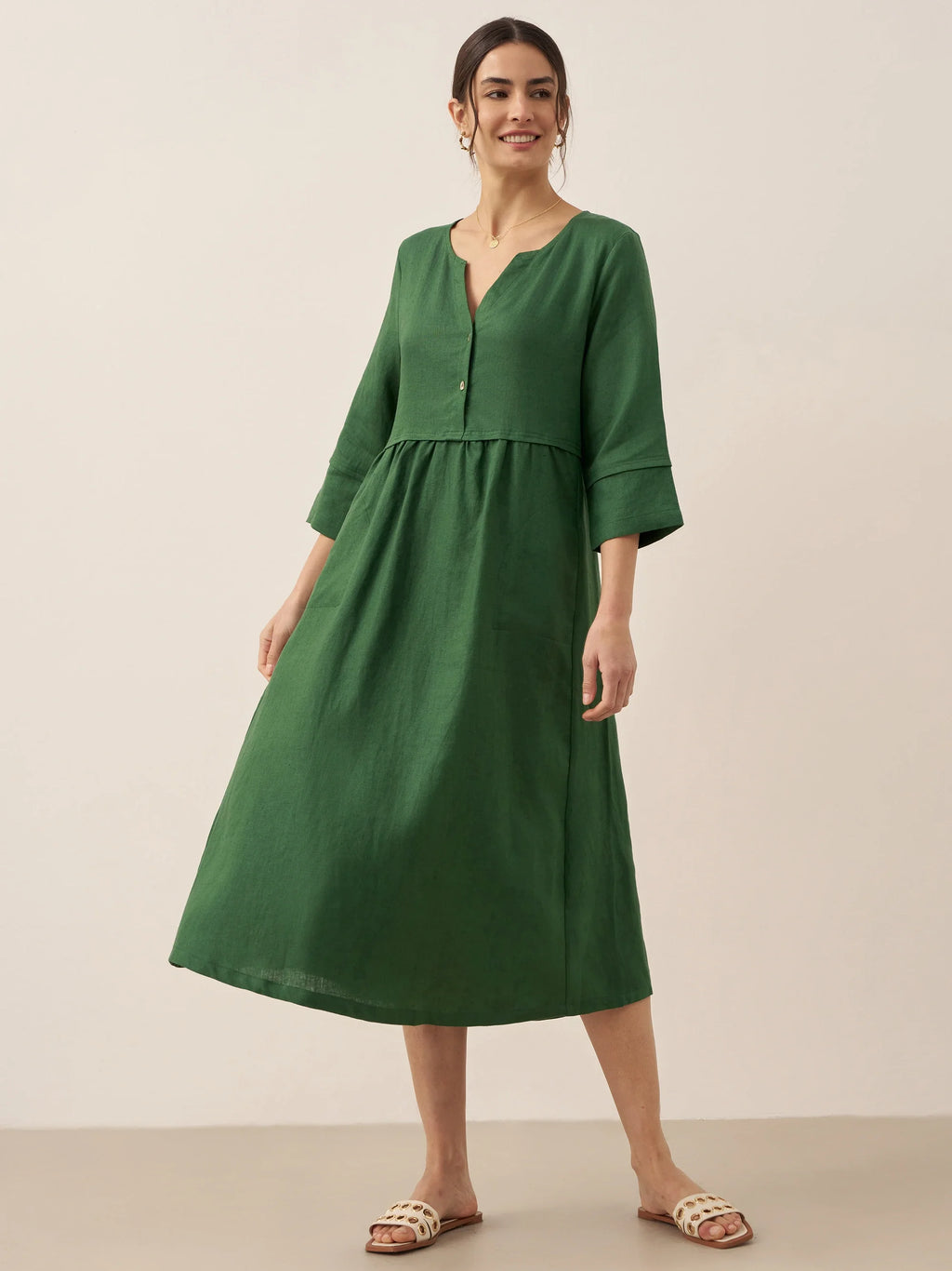 100% Linen Loose Fit Button Waist Gathered Midi Dress LUNA-LINTICO
