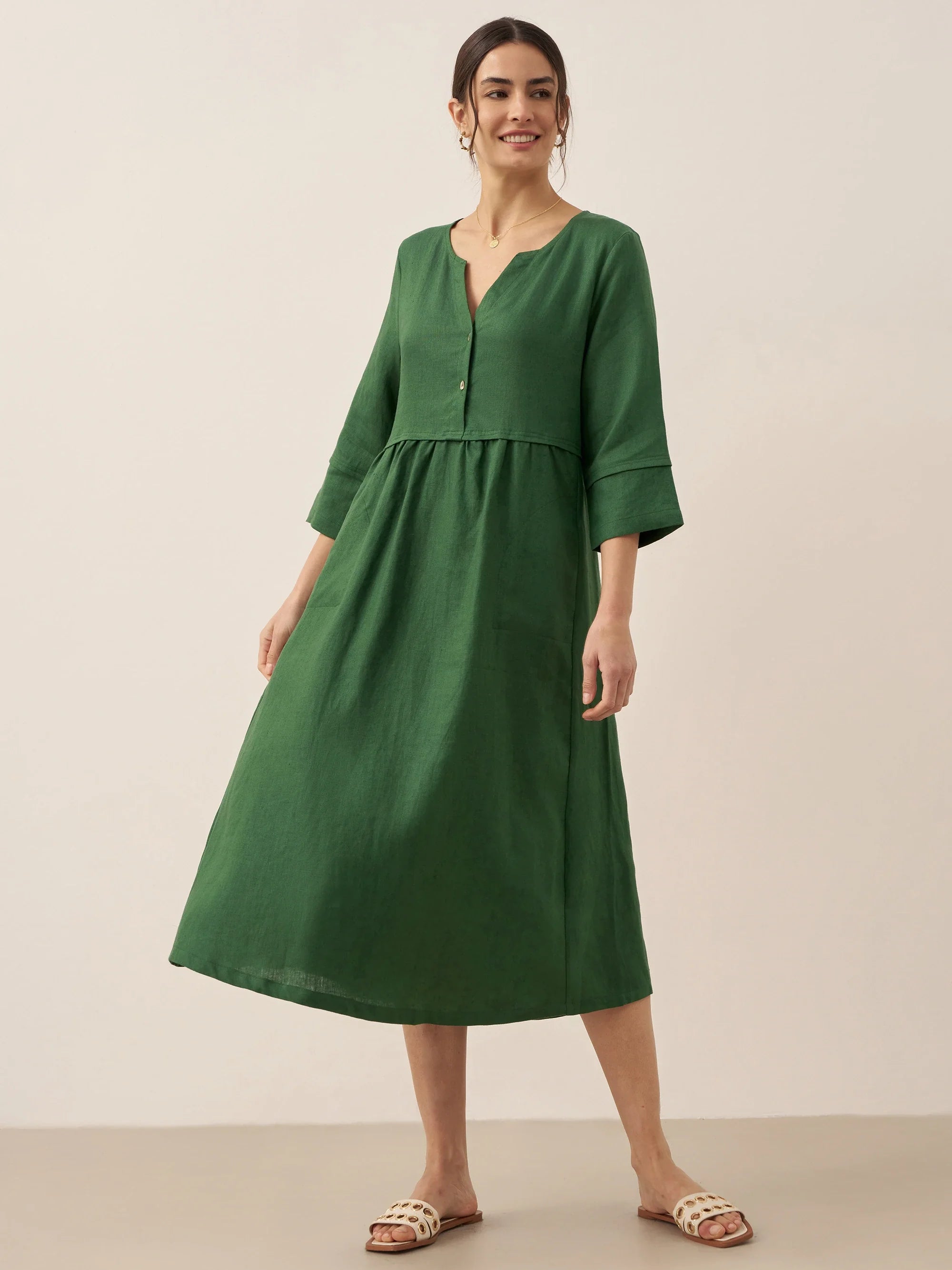 100% Linen Loose Fit Button Waist Gathered Midi Dress LUNA-LINTICO