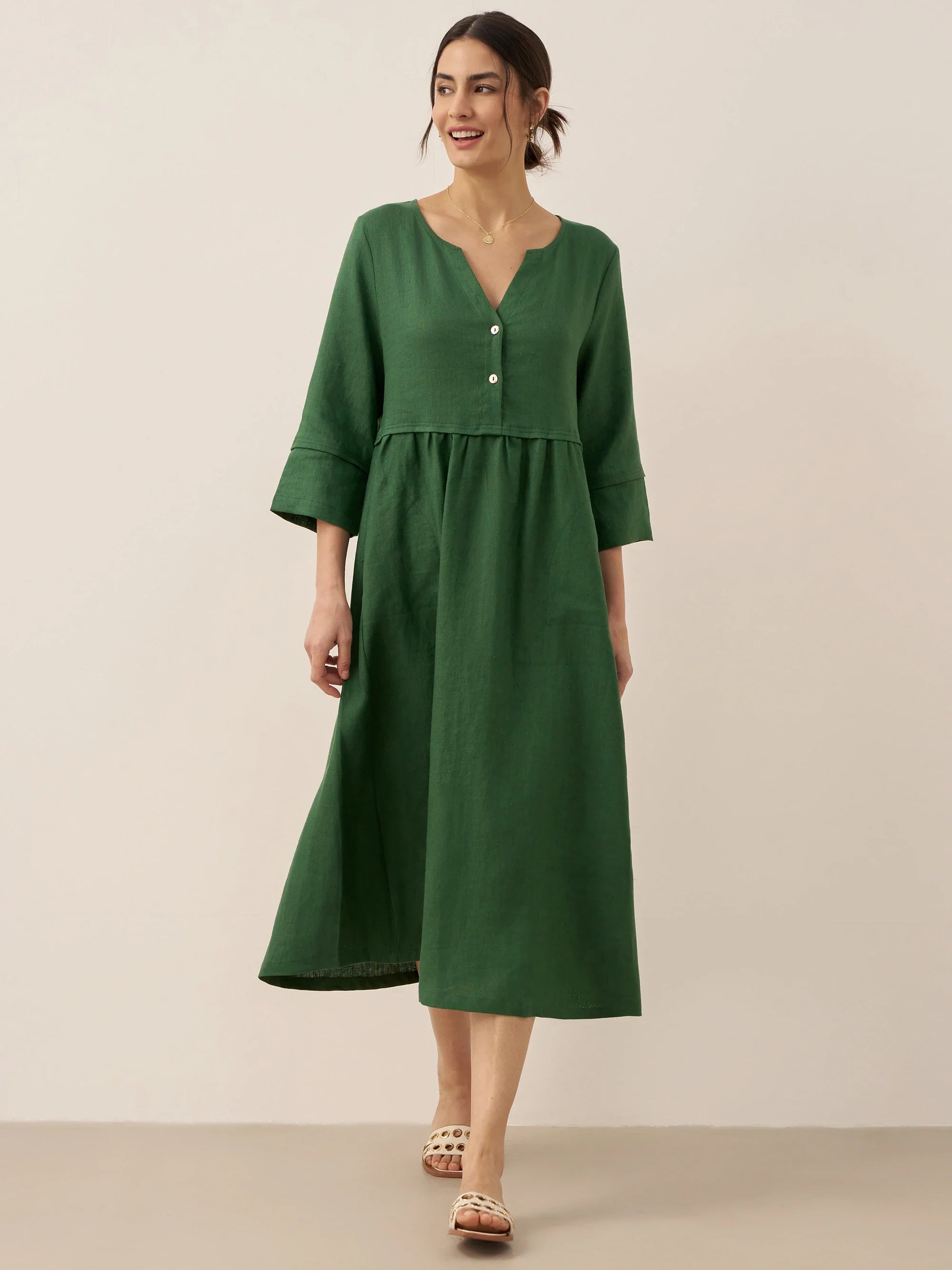 100% Linen Loose Fit Button Waist Gathered Midi Dress LUNA-LINTICO