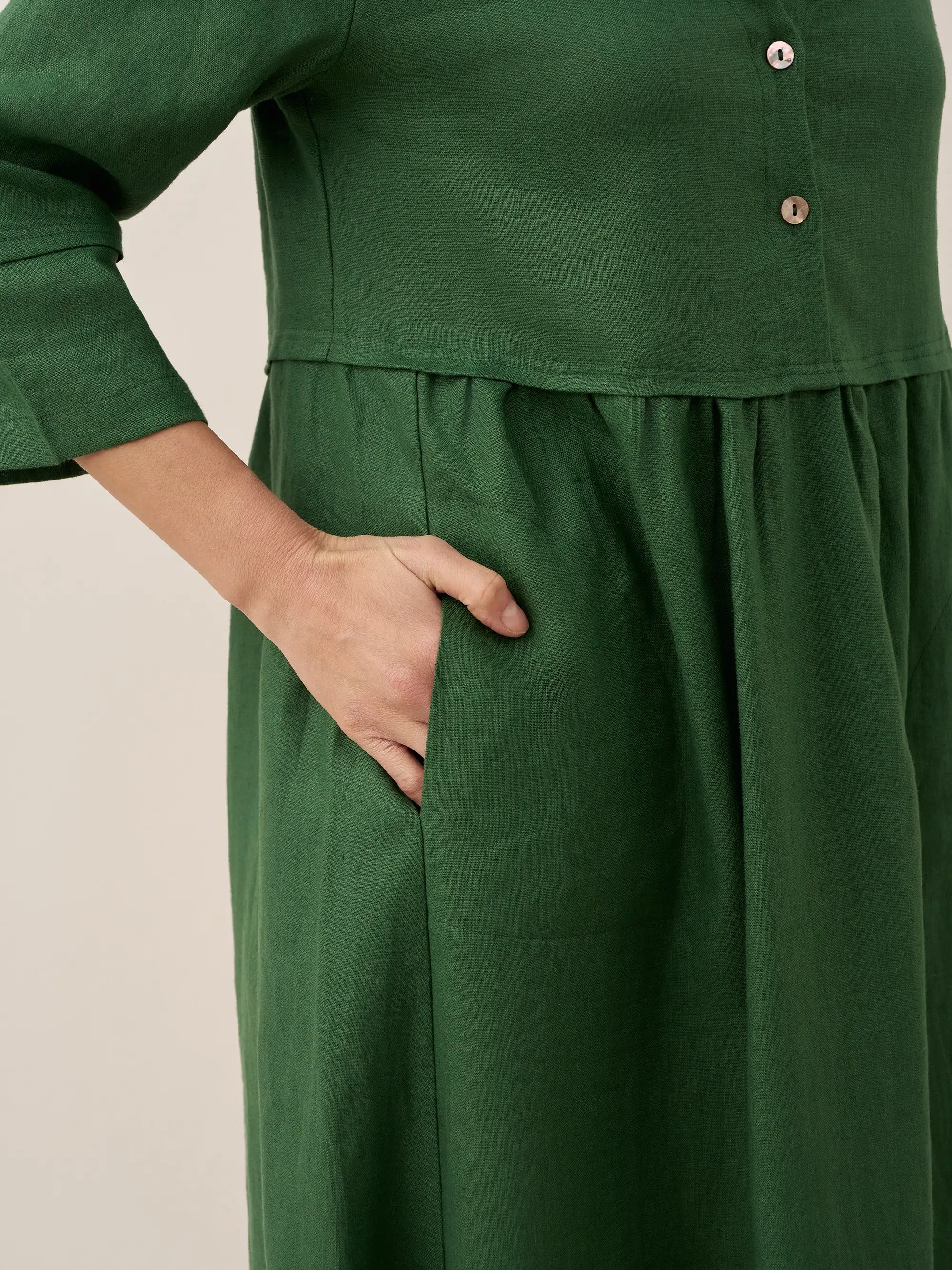 100% Linen Loose Fit Button Waist Gathered Midi Dress LUNA-LINTICO
