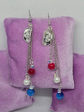 Handcrafted Red, White & Blue Chain Dangle Earrings with Cowboy Hat Charms
