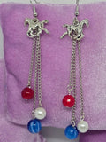 Handcrafted Red, White & Blue Chain Dangle Earrings with Horse Charms