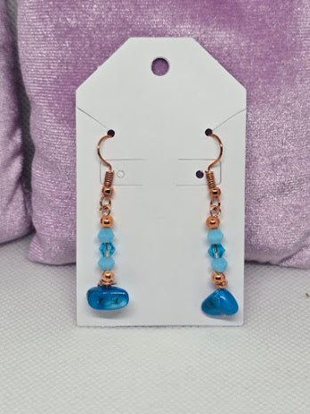 Handcrafted Copper Dangle Earrings with Blue Stones, Glass Beads & Copper Beads