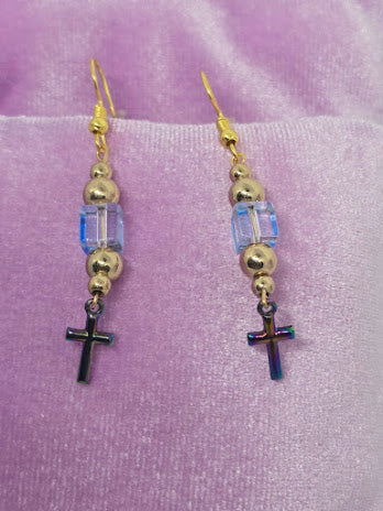 Handcrafted Gold Dangle Earrings with Gold Ball Beads, Clear Blue Glass Rectangles & Multicolored Crosses