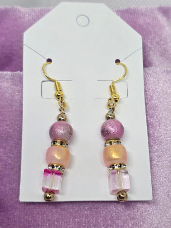 Handcrafted Peach Pink & Gold Dangle Earrings with Glass, Plastic & Metal Beads