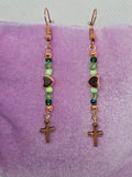 Handcrafted  Green and Copper Cross Dangle Earrings