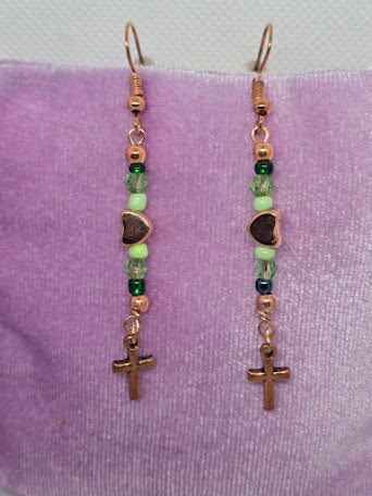 Handcrafted  Green and Copper Cross Dangle Earrings