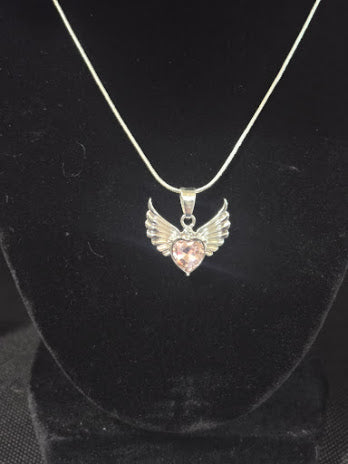 Handcrafted 18" Silver Angel Wings & Pink Heart Charm Necklace