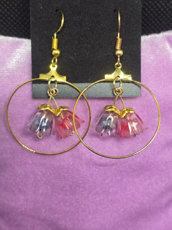 Handcrafted Gold Hoop Red & Purple Flower Dangle Earrings