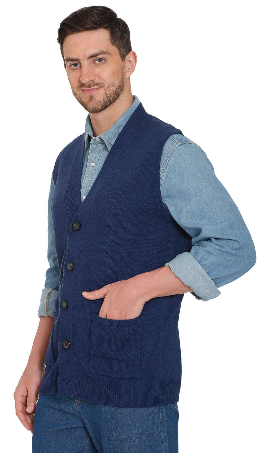 Men's Cashmere-Like Button Front Flat Knit Sweater Vest with Chest Pockets