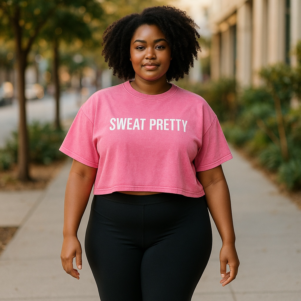 Woman wearing a pink 'SWEAT PRETTY' t-shirt walking outdoors.