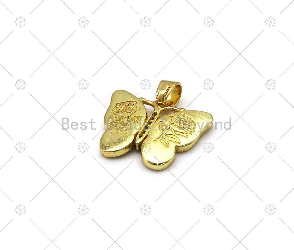 CZ Micro Pave Enamel Colorful Butterfly with Rose flower on Back Side Shape Pendant, 18K Gold FilledButterfly Charm,Sku#FH182-Bestbeads & Beyond