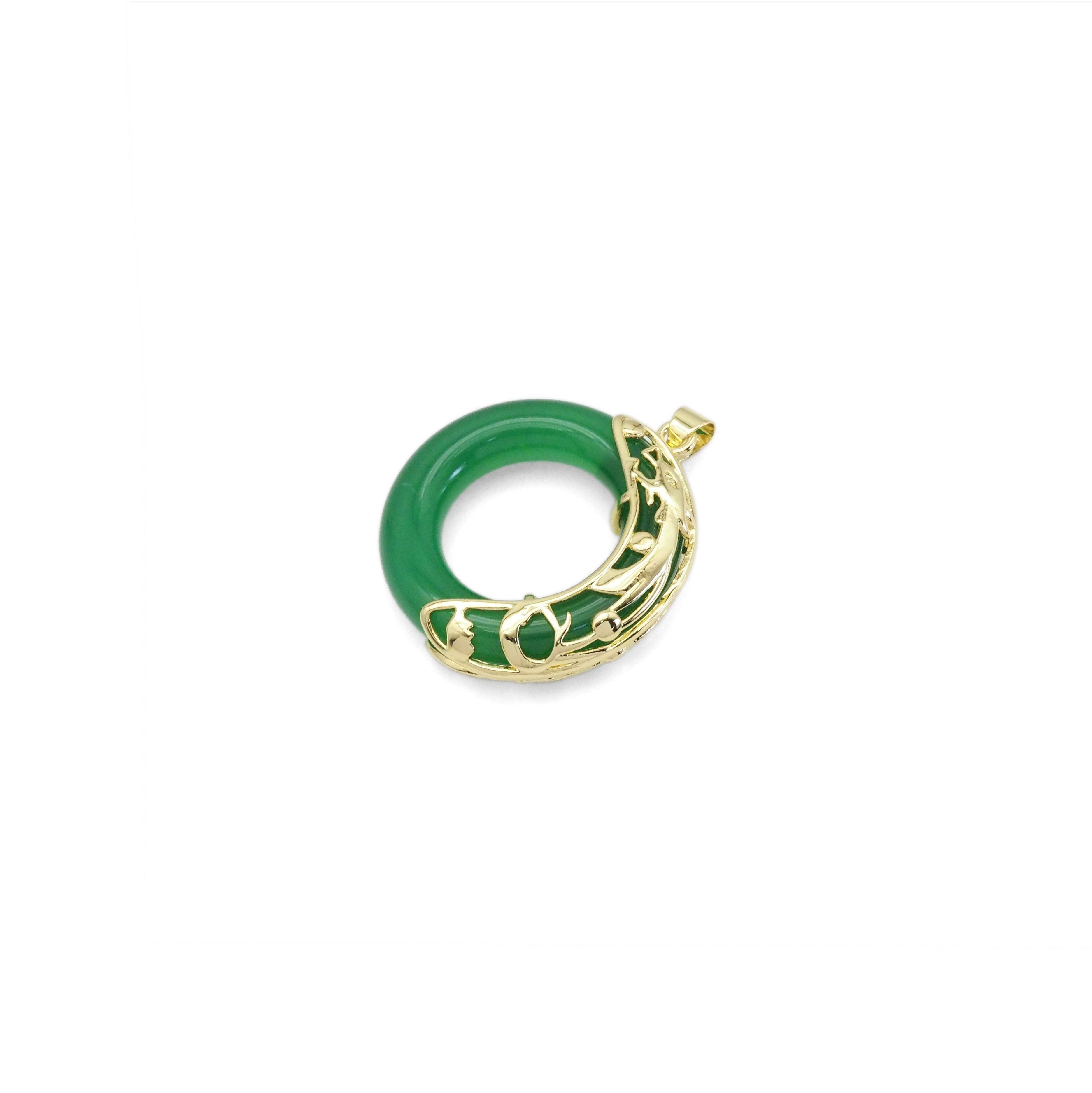 Dragon on High Quality Green Jade Donut Ring Pendant, Sku#LX359