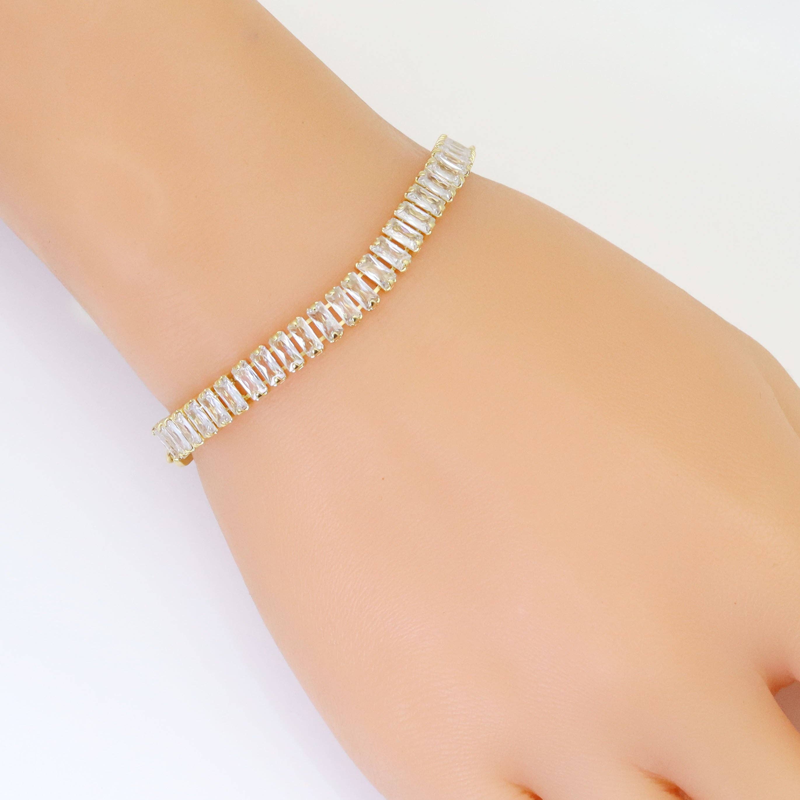 Baguette CZ  Link Gold Silver Adjustable Bracelet, Sku#LX497