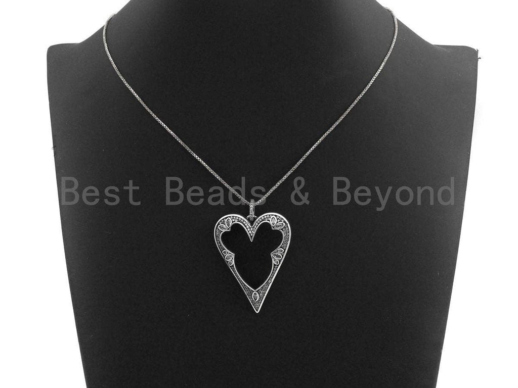 CZ Micro Pave Heart Hollow Out Pendant, Antique Silver Tone, Clear Cubic Zirconia Big Pave Heart Charm Pendant,35x46mm,sku#F1000C